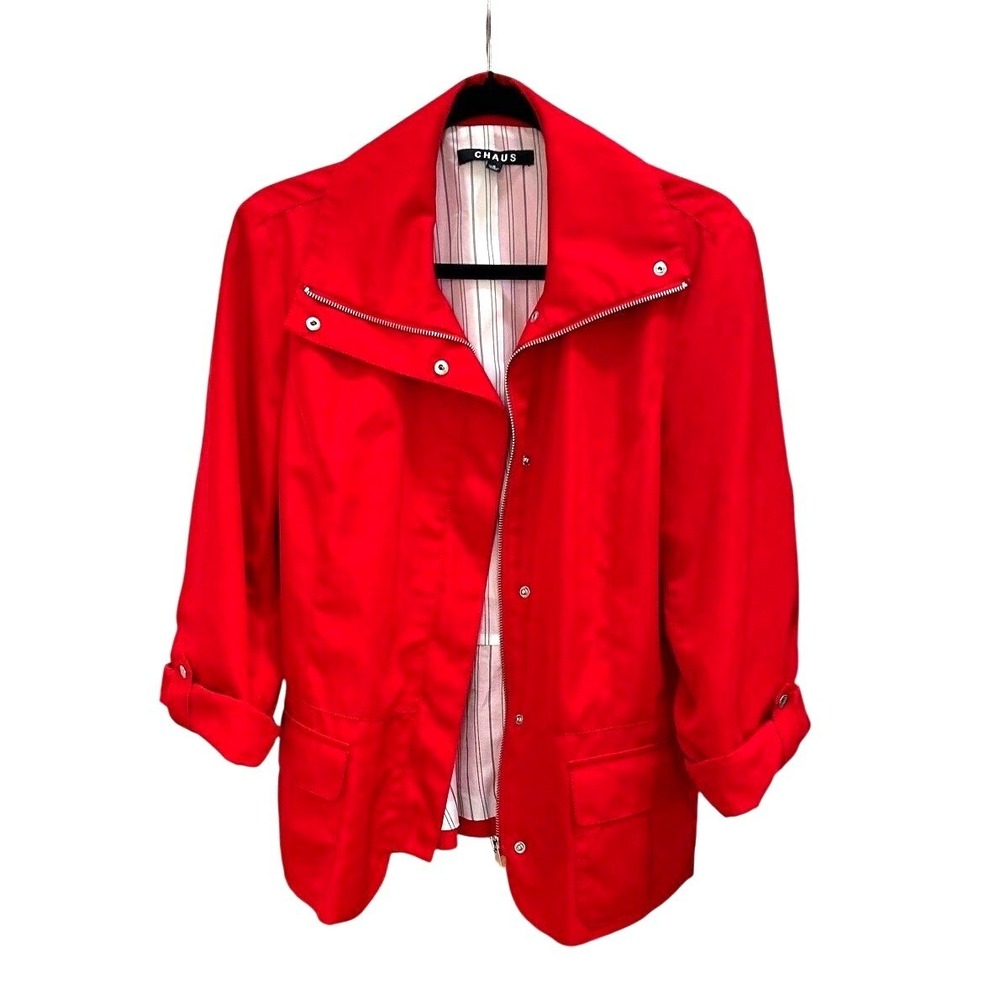 Chaus Womens Red Peplum Utility Jacket Size 8 Zip Front Roll Tab Sleeve Trench